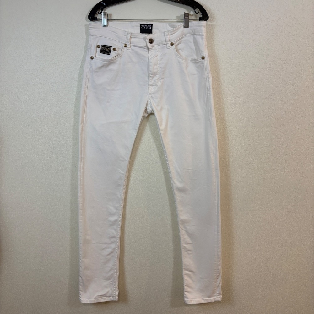 Versace Jeans Couture Pants Men 34 White Gold Logo Slim Denim A2GWA0S5 Luxury